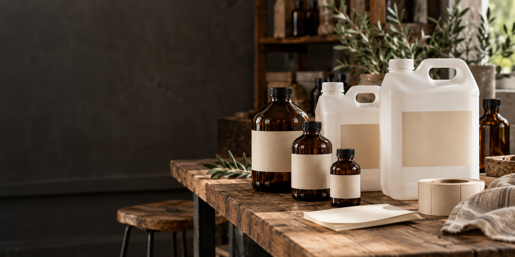 Beautiful unbranded white one litre jerry cans and amber laboratory bottles neatly arranged on a premium trade packing bench with blank cream paper labels